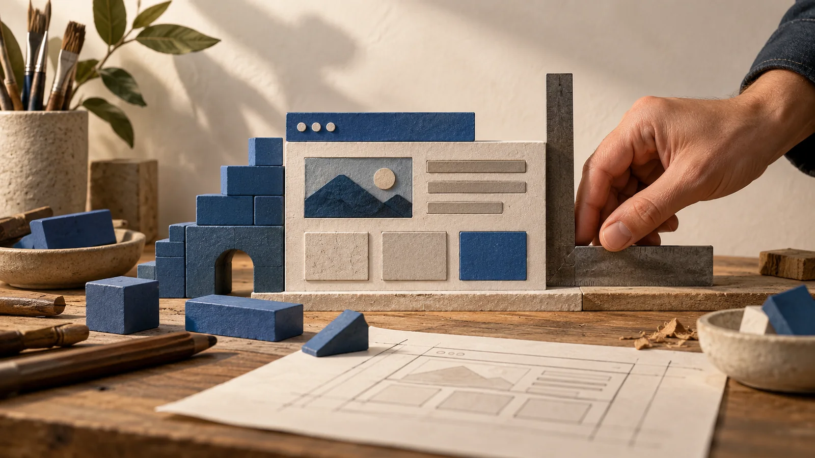 A hand checking the fit of modular website components.