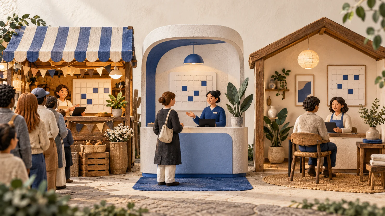 Three booking models represented by a marketplace, kiosk and independent studio.