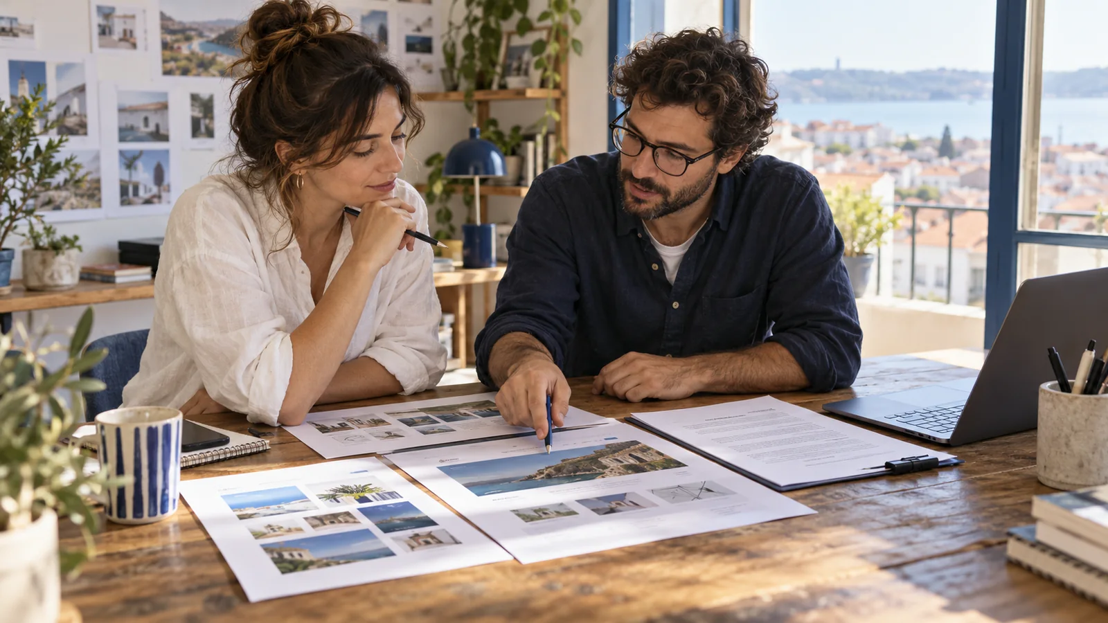 A business owner and designer reviewing a website project together.