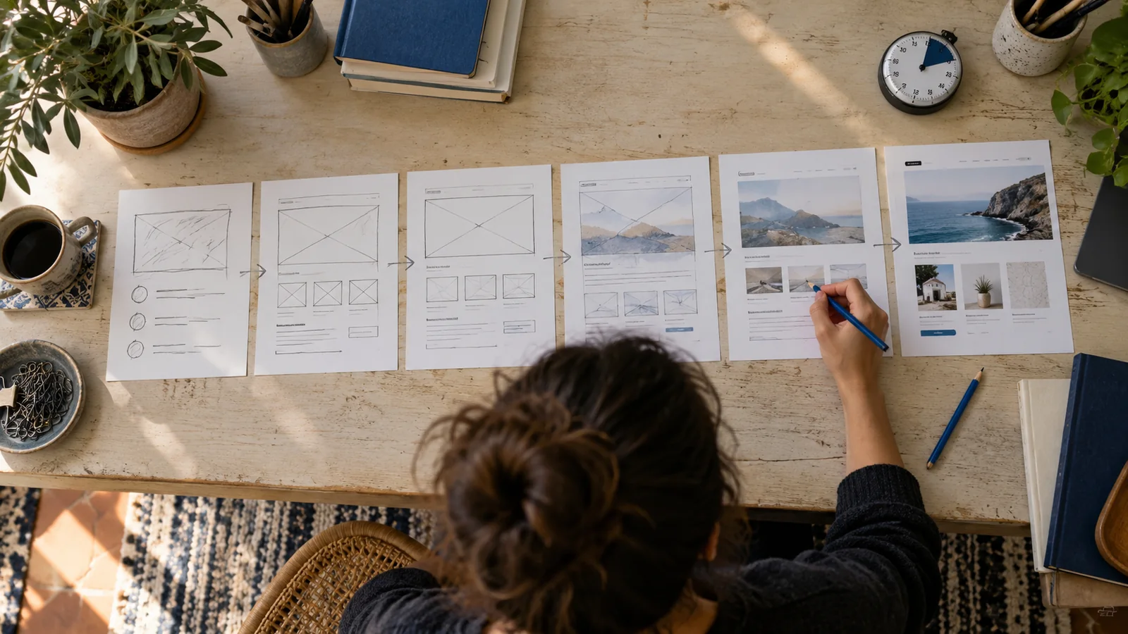 Website prototypes progressing from an initial brief to a finished design.