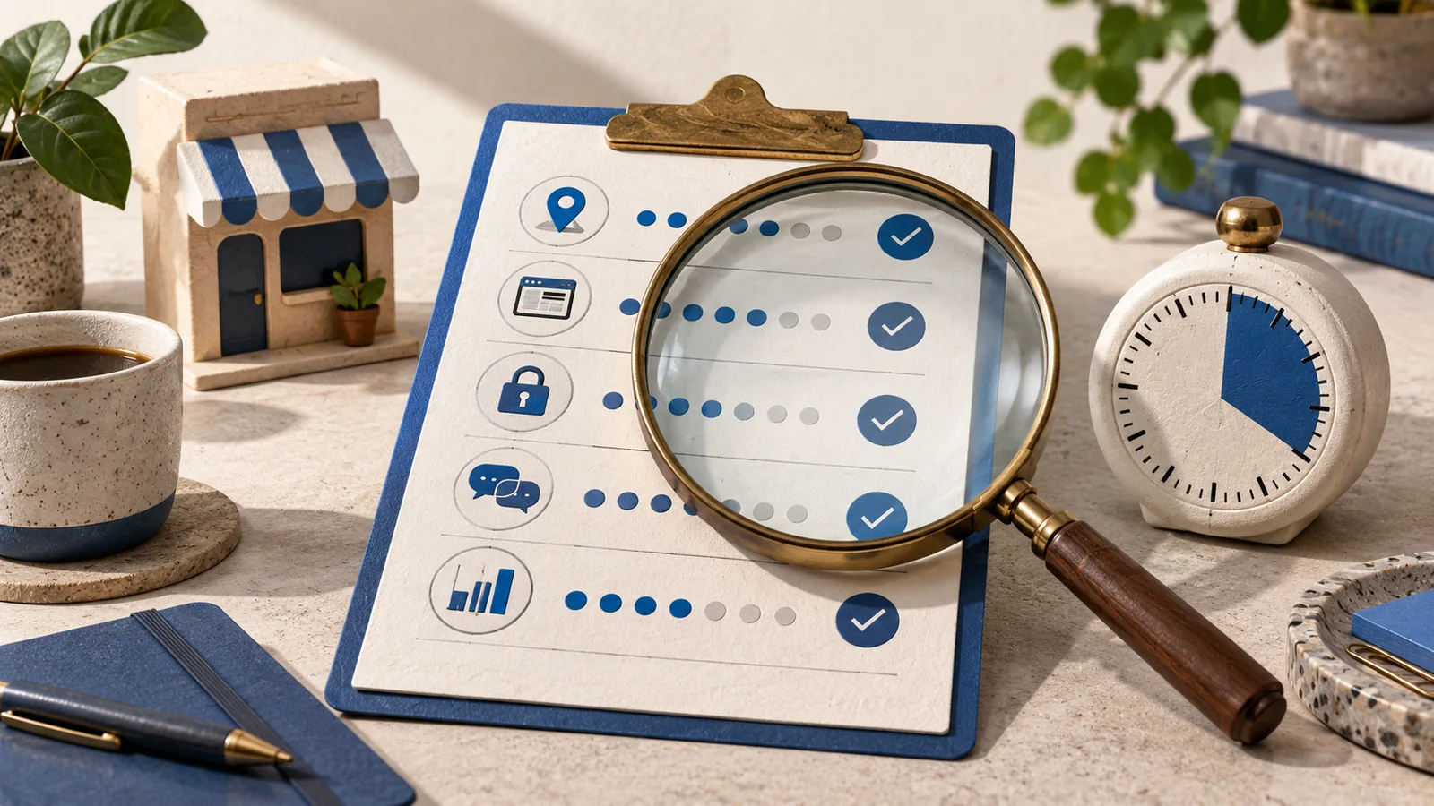 A magnifying glass and timer beside a digital-presence checklist.
