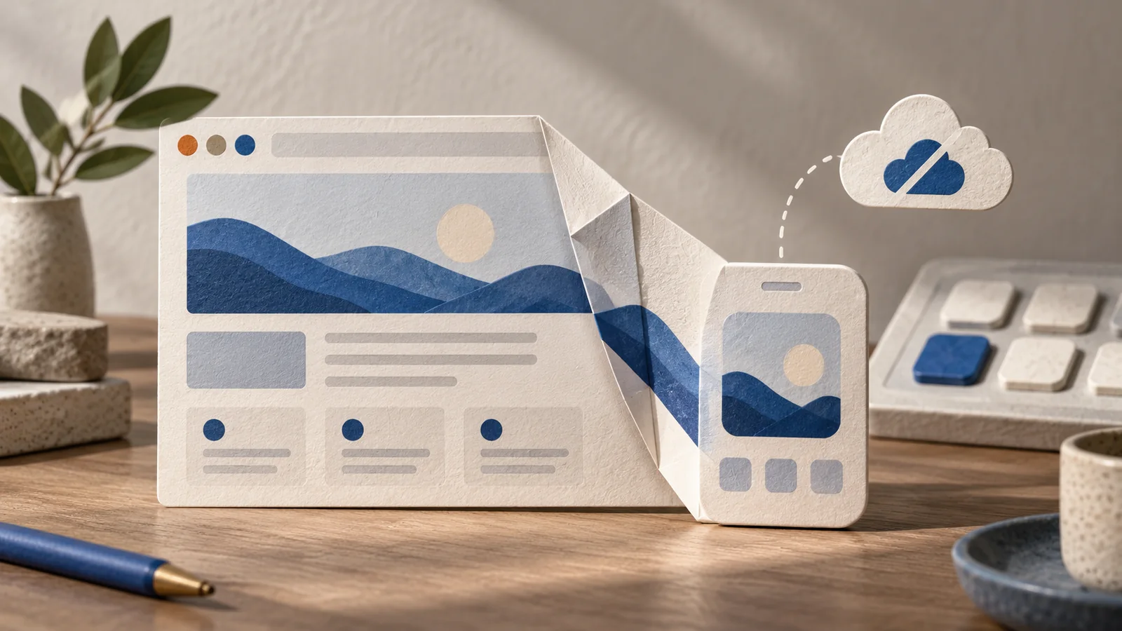 A browser window folding into a mobile app experience.