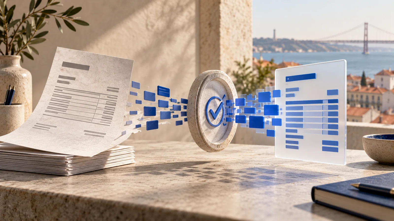 A paper invoice transforming into structured electronic data.
