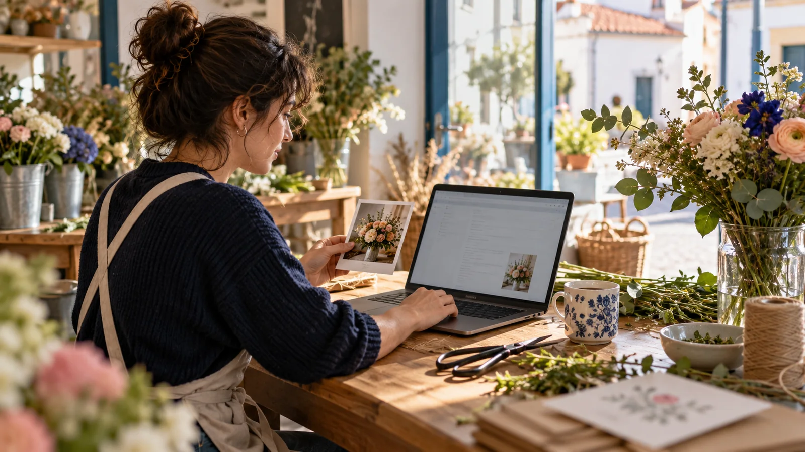 A florist preparing a useful seasonal newsletter for customers.