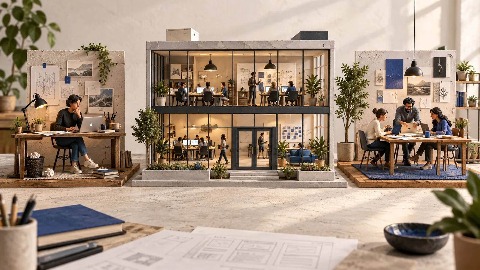 A solo workspace, a large agency and a small collaborative studio.