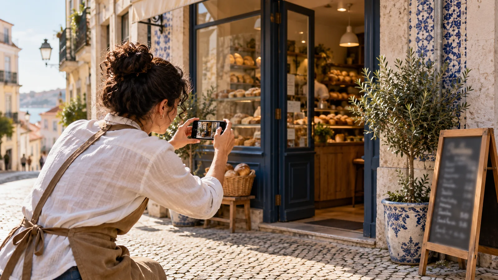 A bakery owner photographing the entrance for an online business profile.