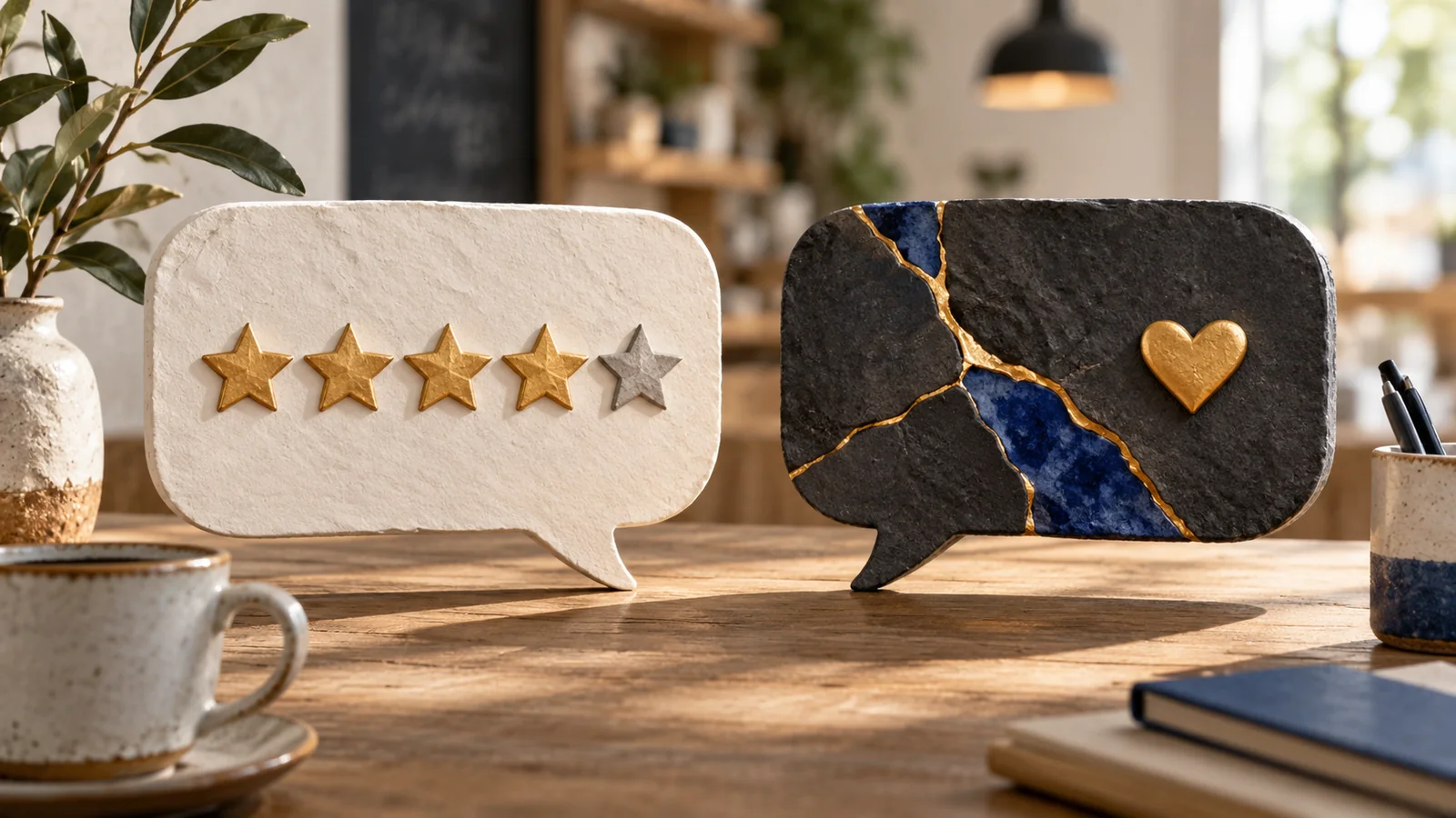 Customer review cards and a thoughtful response rebuilding trust.