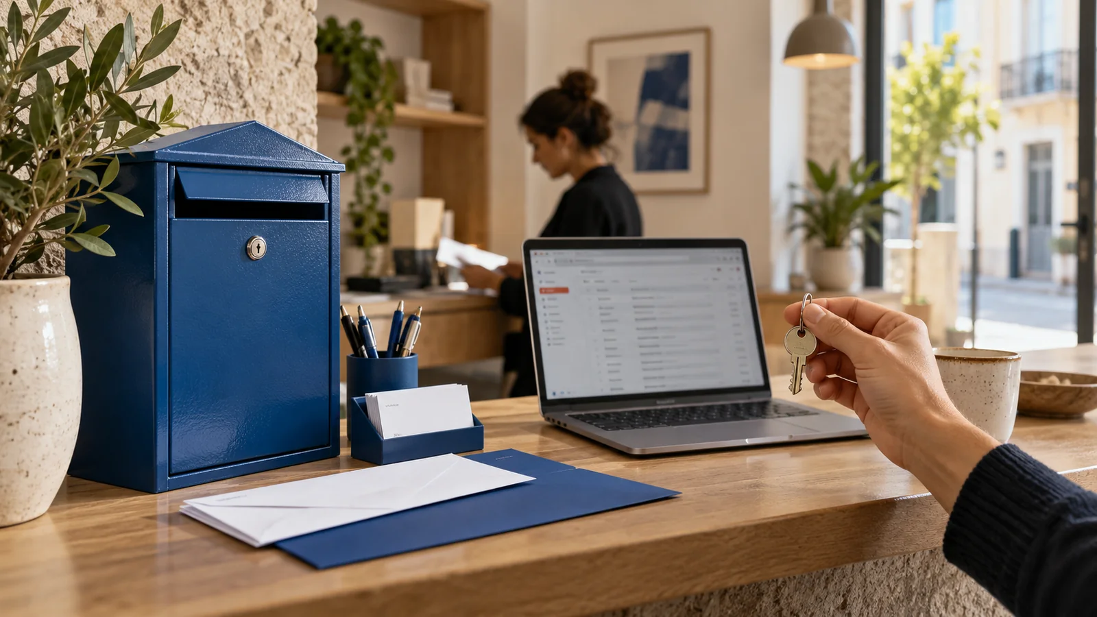 Um espaço de email profissional com papelaria coerente do negócio.