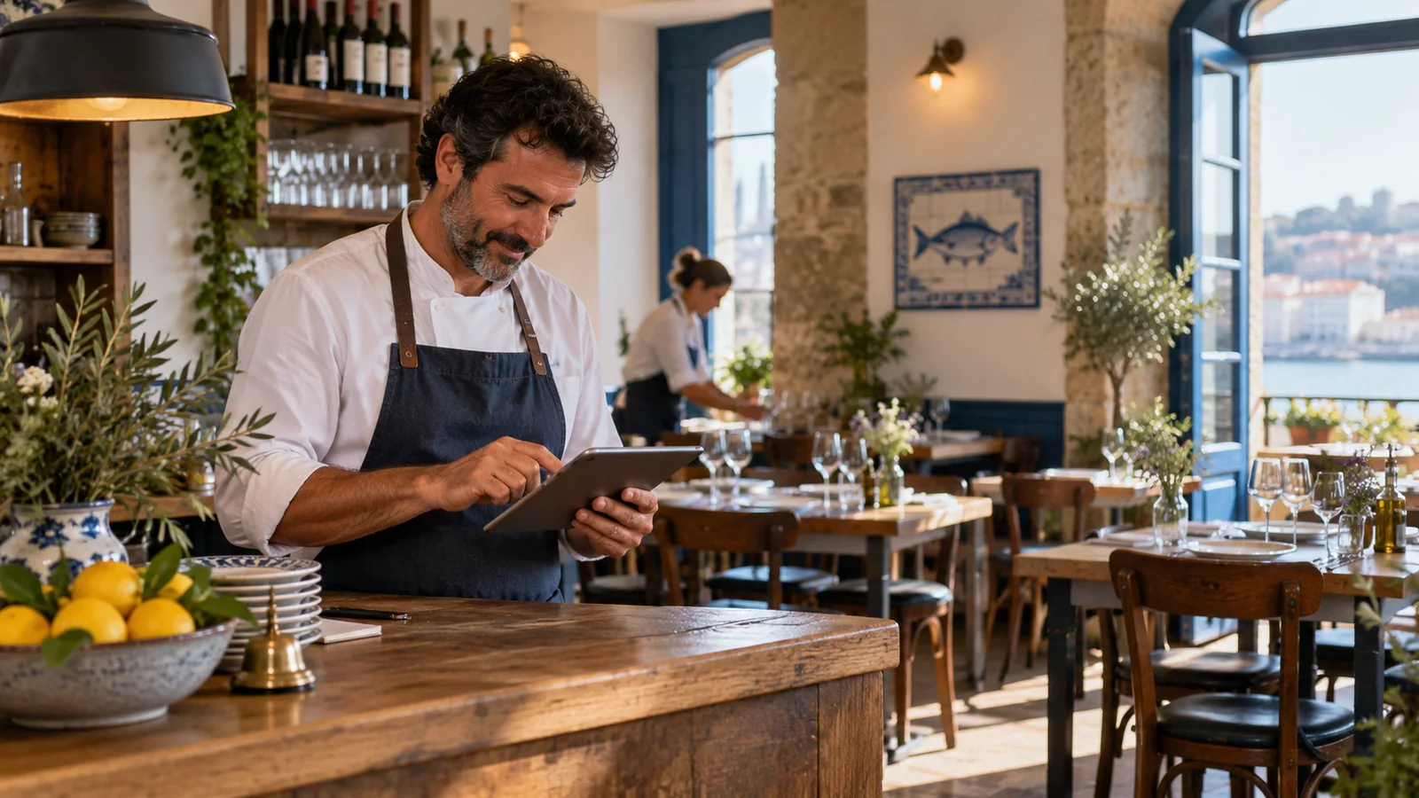 A restaurant owner checking direct reservations before service.