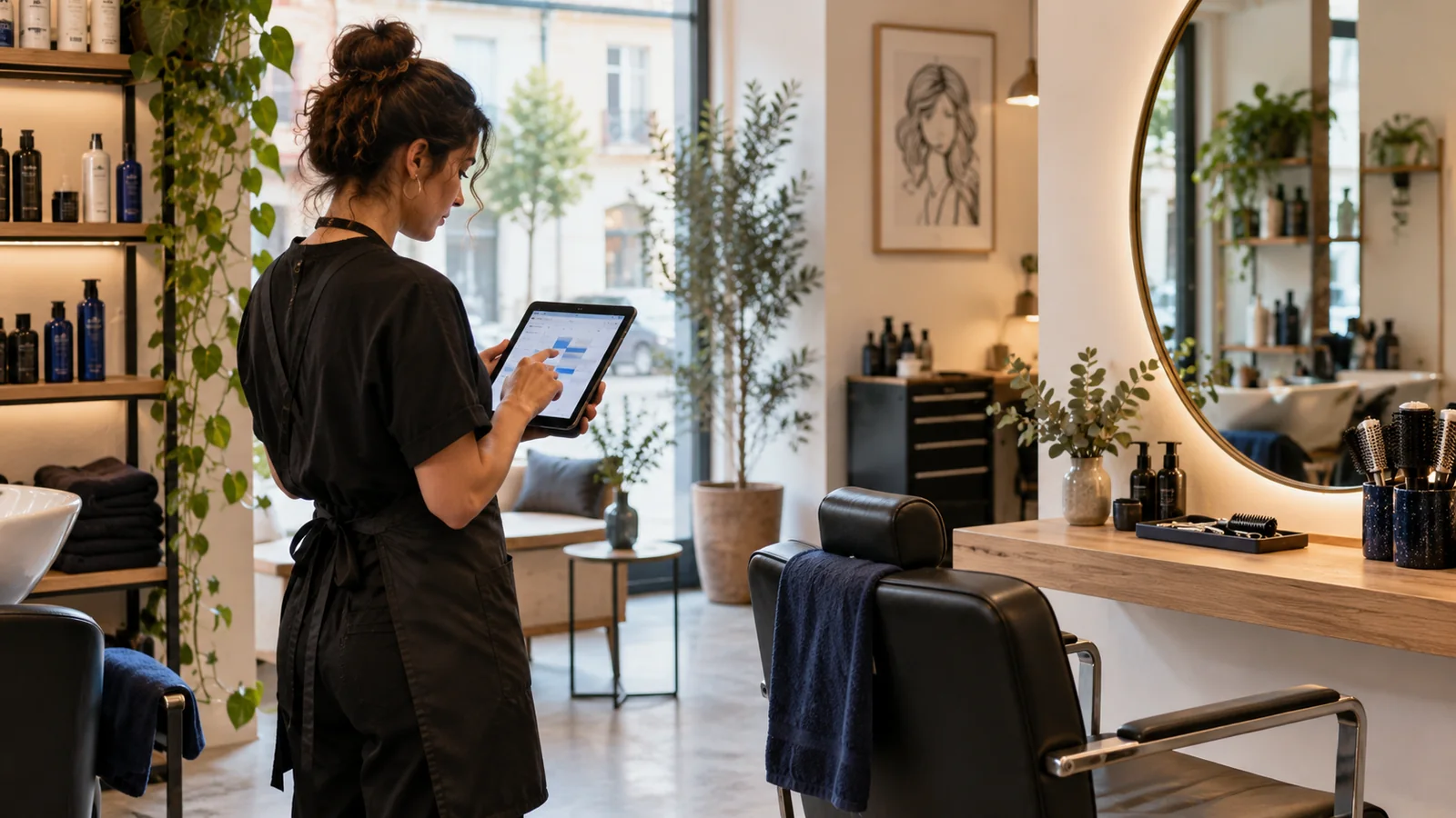 Uma profissional consulta marcações online num salão tranquilo.