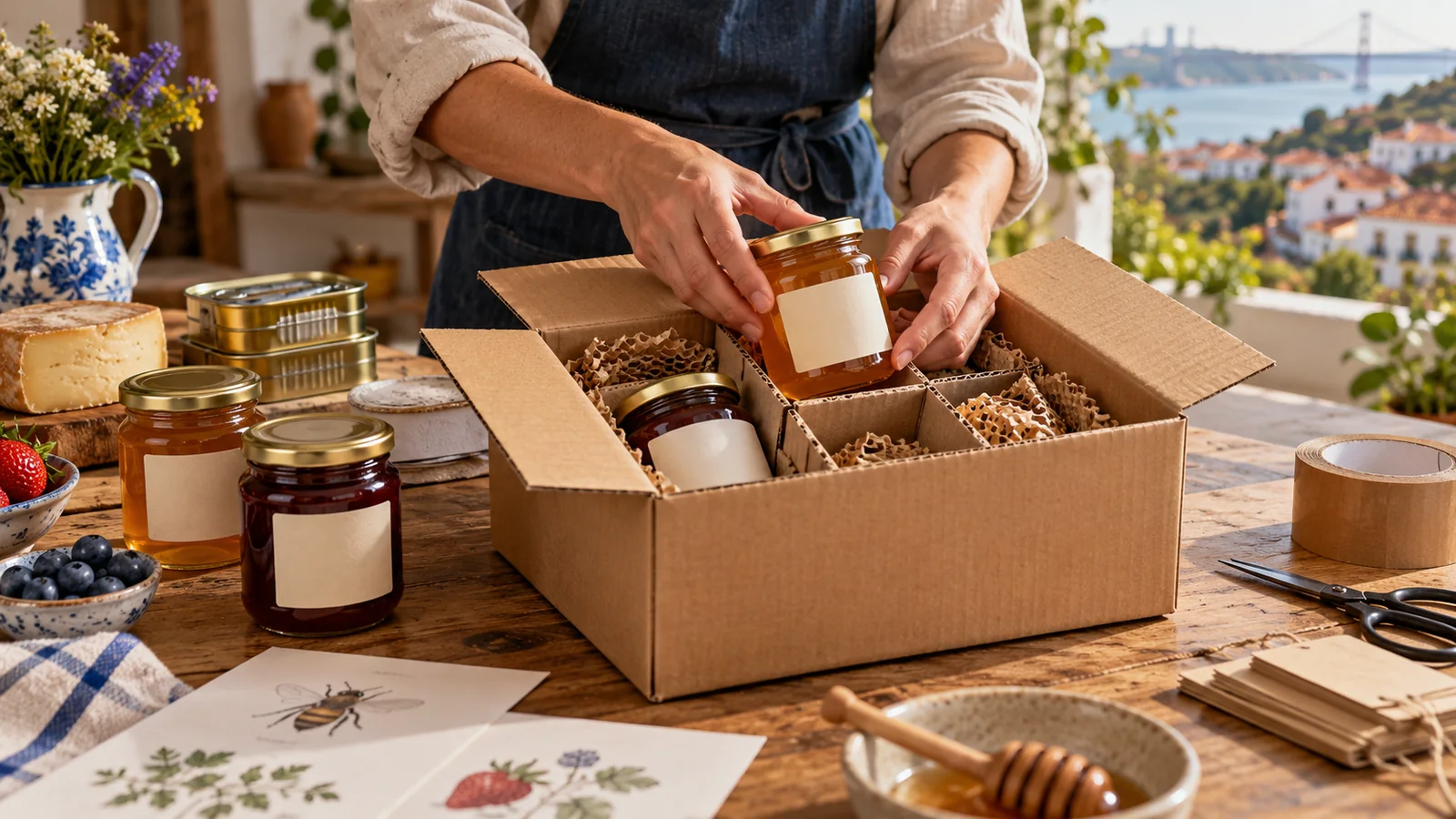 Artisan food jars securely labelled and packed for delivery.