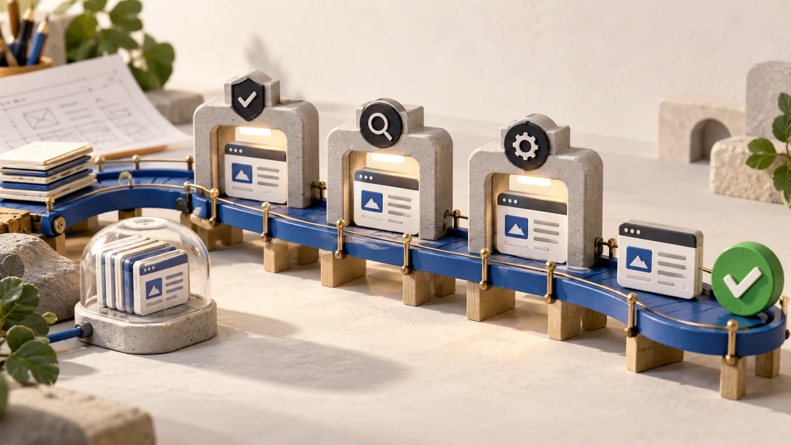 A software release passing through testing and safety checkpoints.