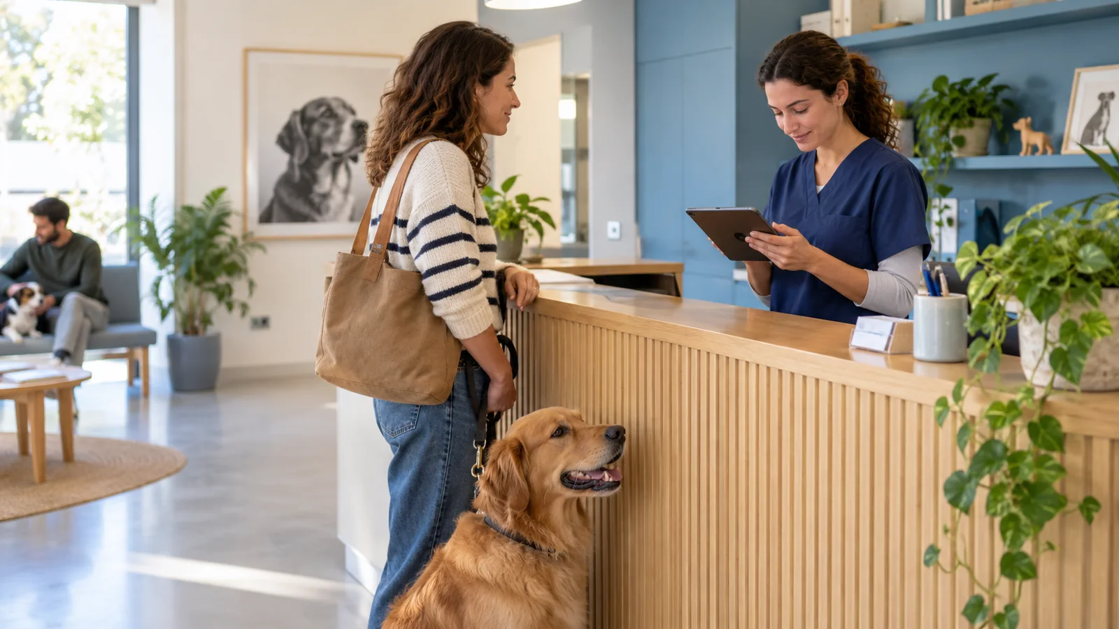 Um tutor e o seu cão são recebidos na receção de uma clínica veterinária.
