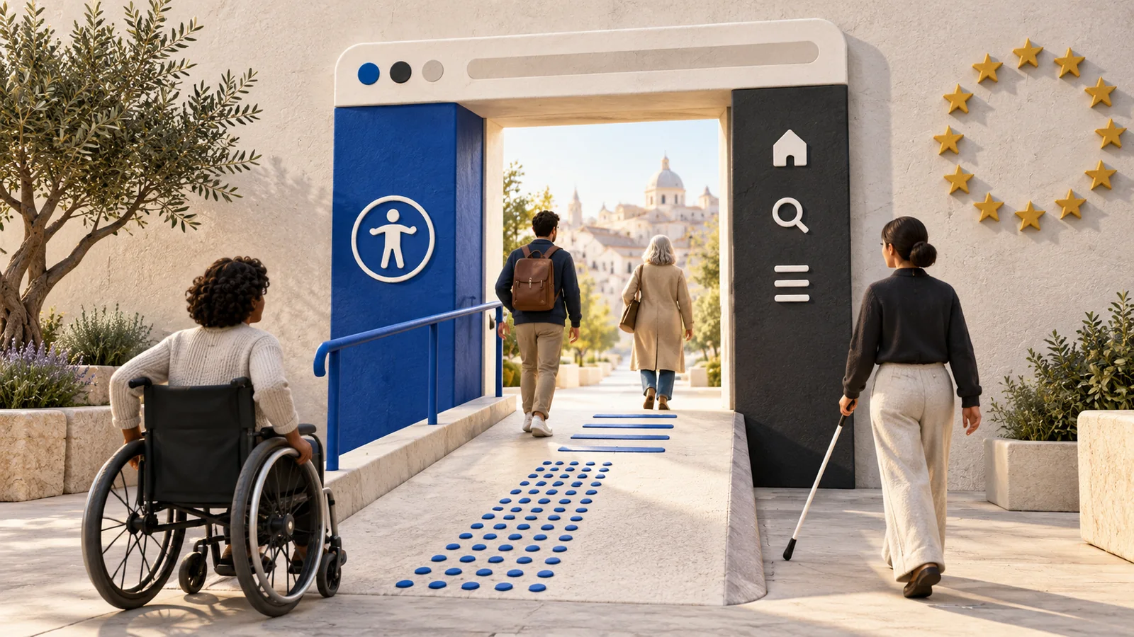 An accessible browser doorway with a ramp and tactile navigation.