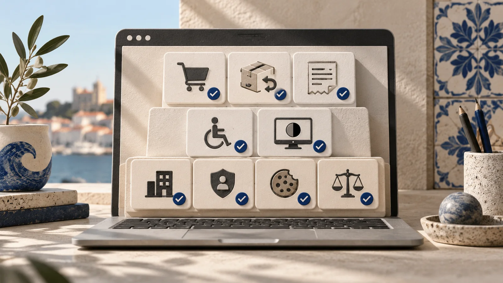 Layers of legal website requirements arranged as a practical checklist.
