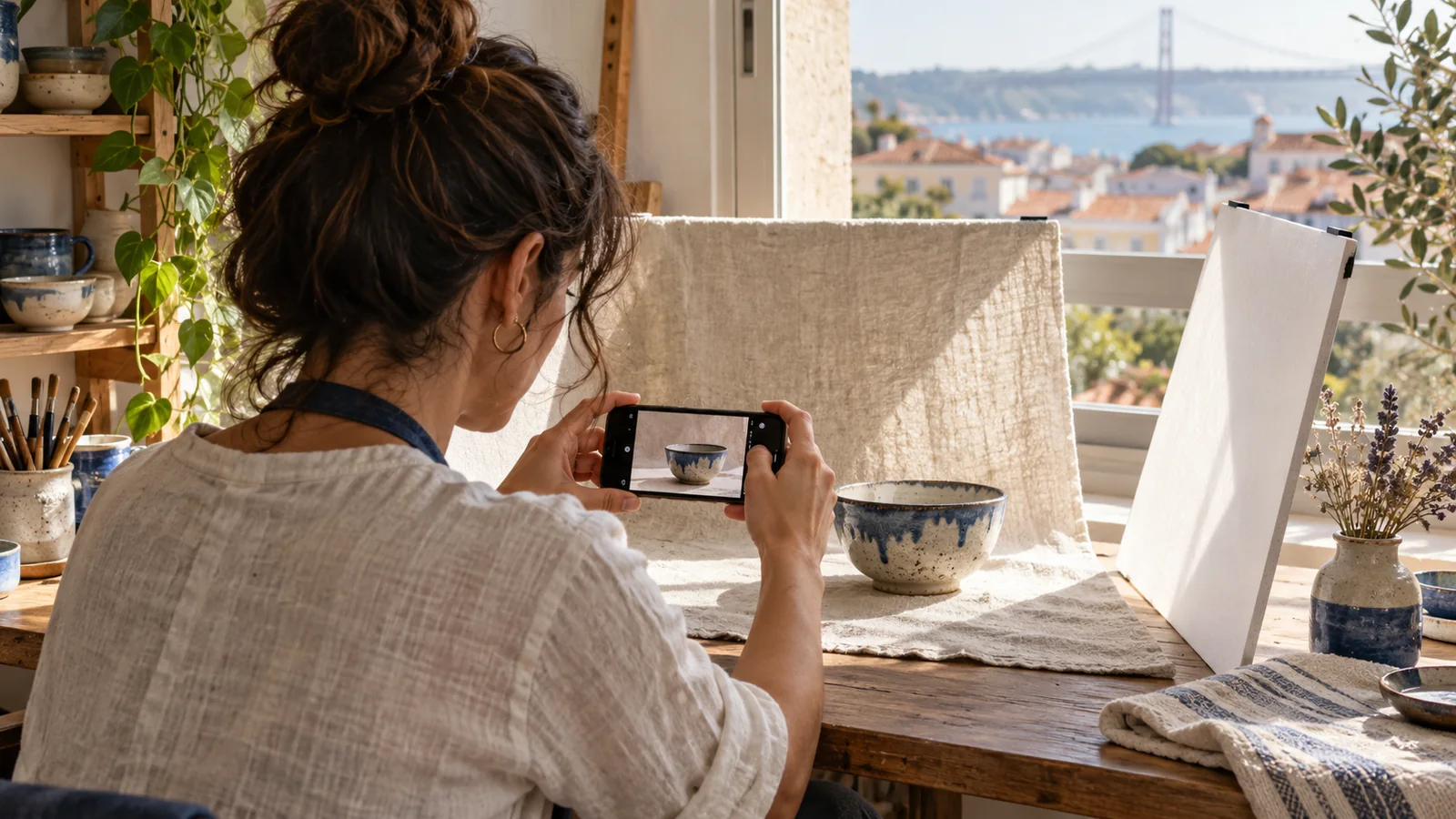 A handmade product photographed with a phone, window light and a reflector.