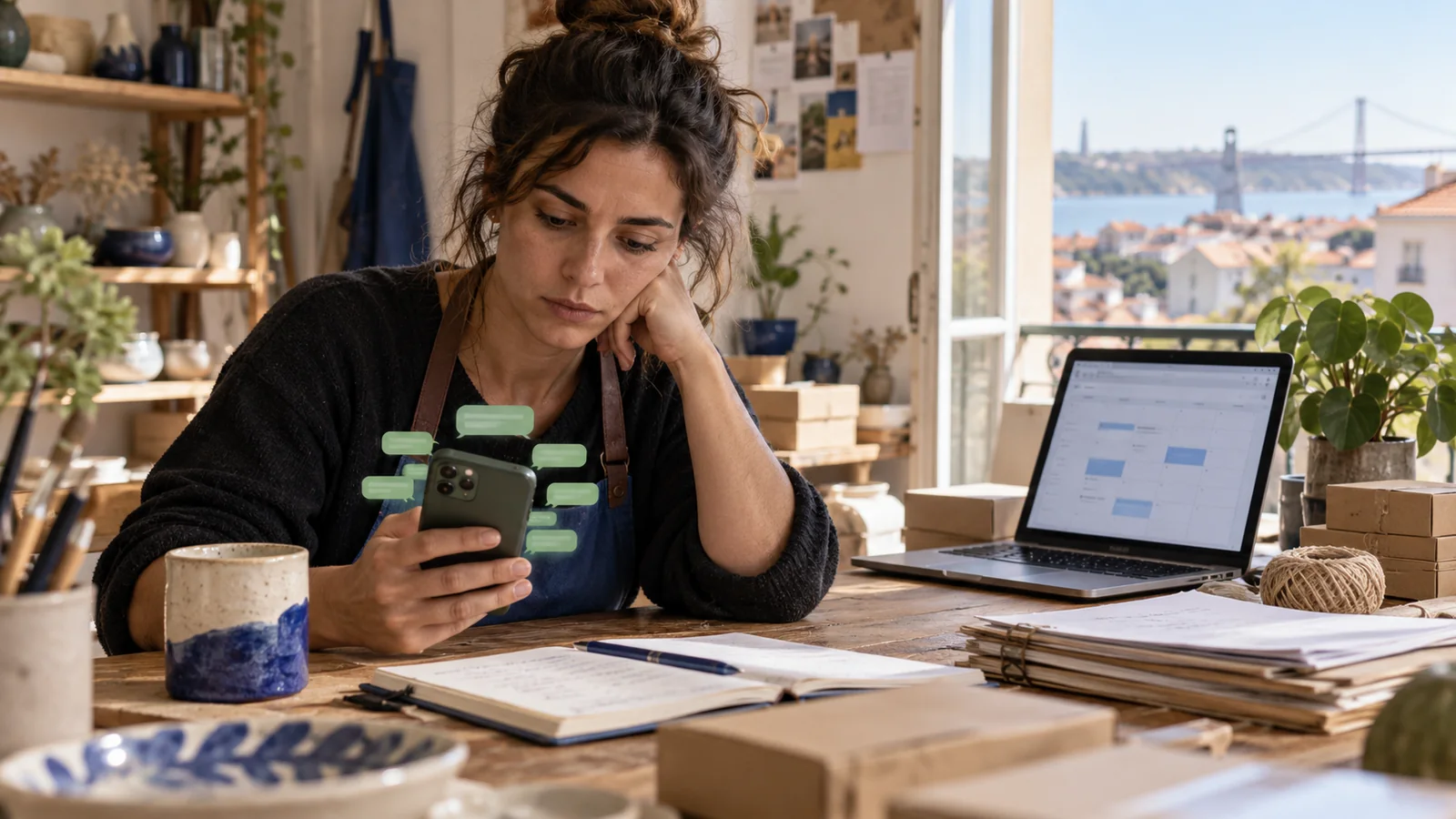 Uma empresária equilibra mensagens no telemóvel com um sistema de marcações organizado.