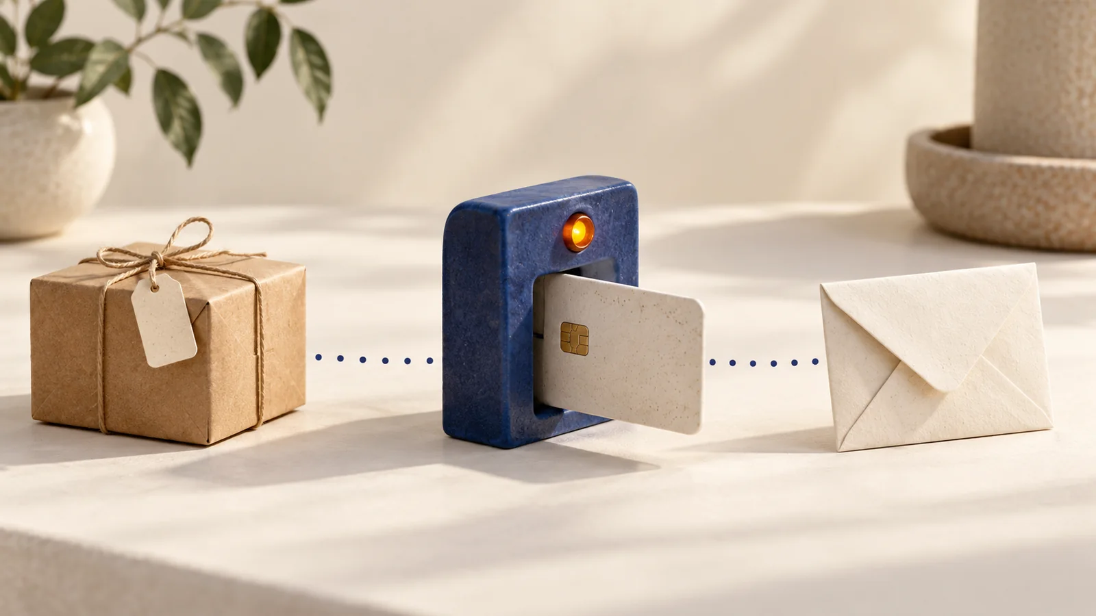 An order parcel, payment checkpoint and confirmation envelope.