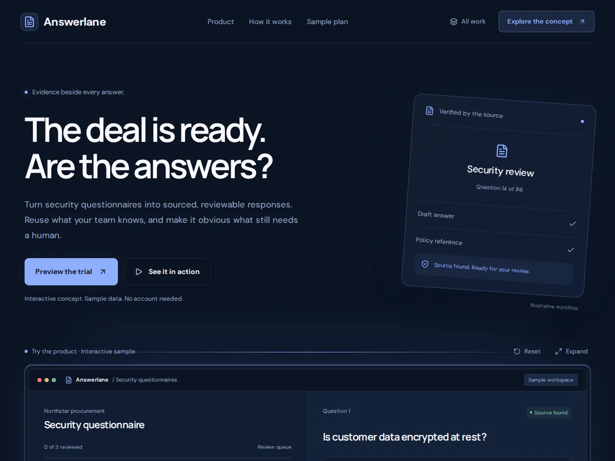 Preview of Answerlane — security answers with evidence