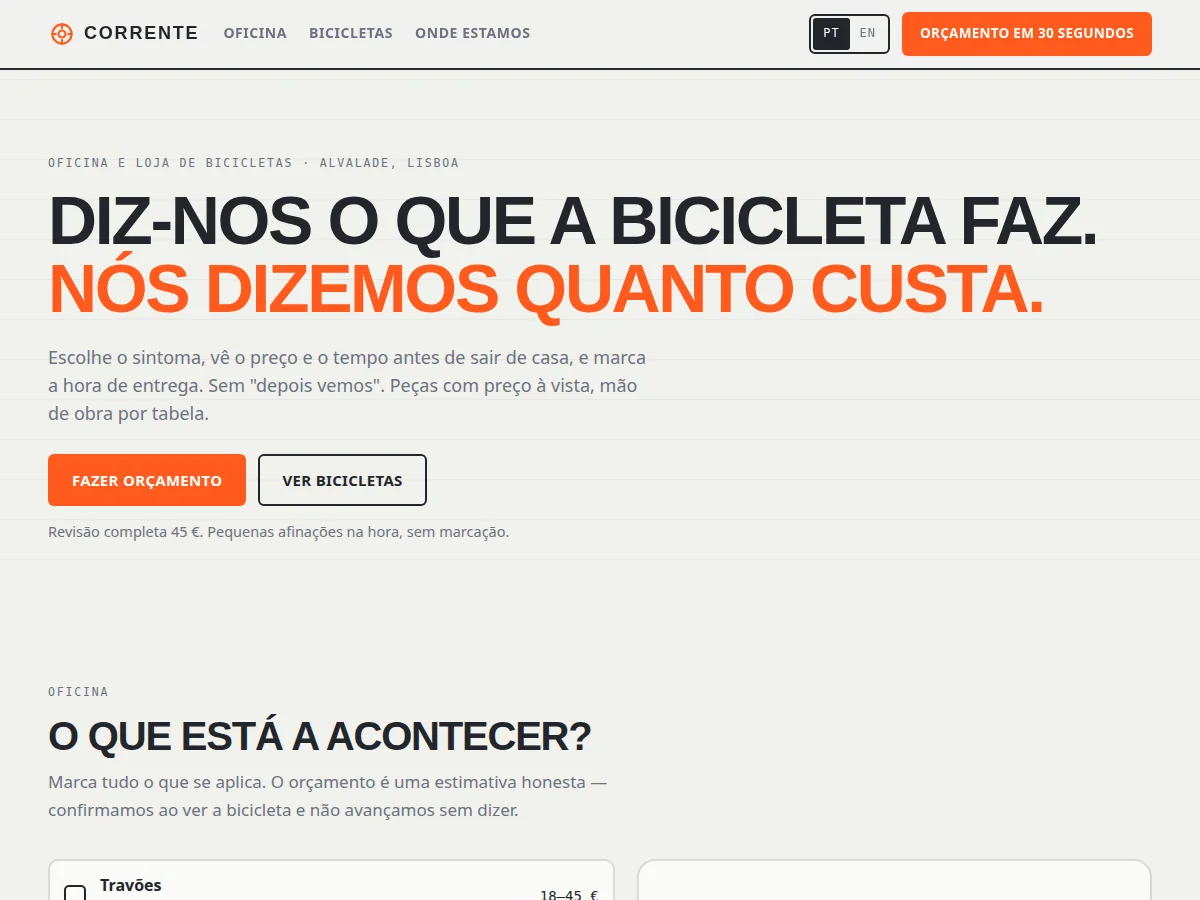 Corrente — pré-visualização do site