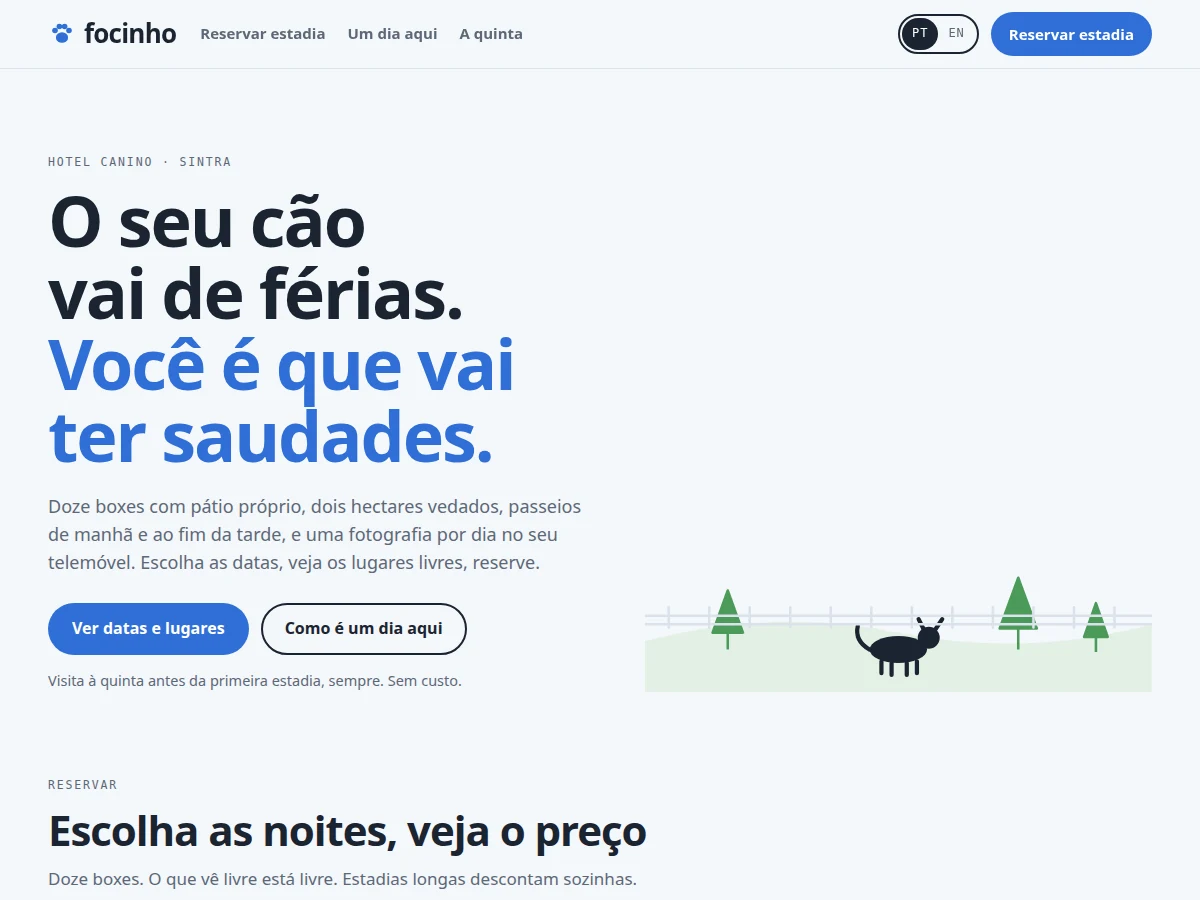 Preview of Focinho — dog hotel with real kennel availability and a price per stay