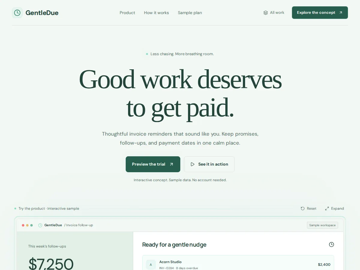 Preview of GentleDue — a calmer invoice follow-up