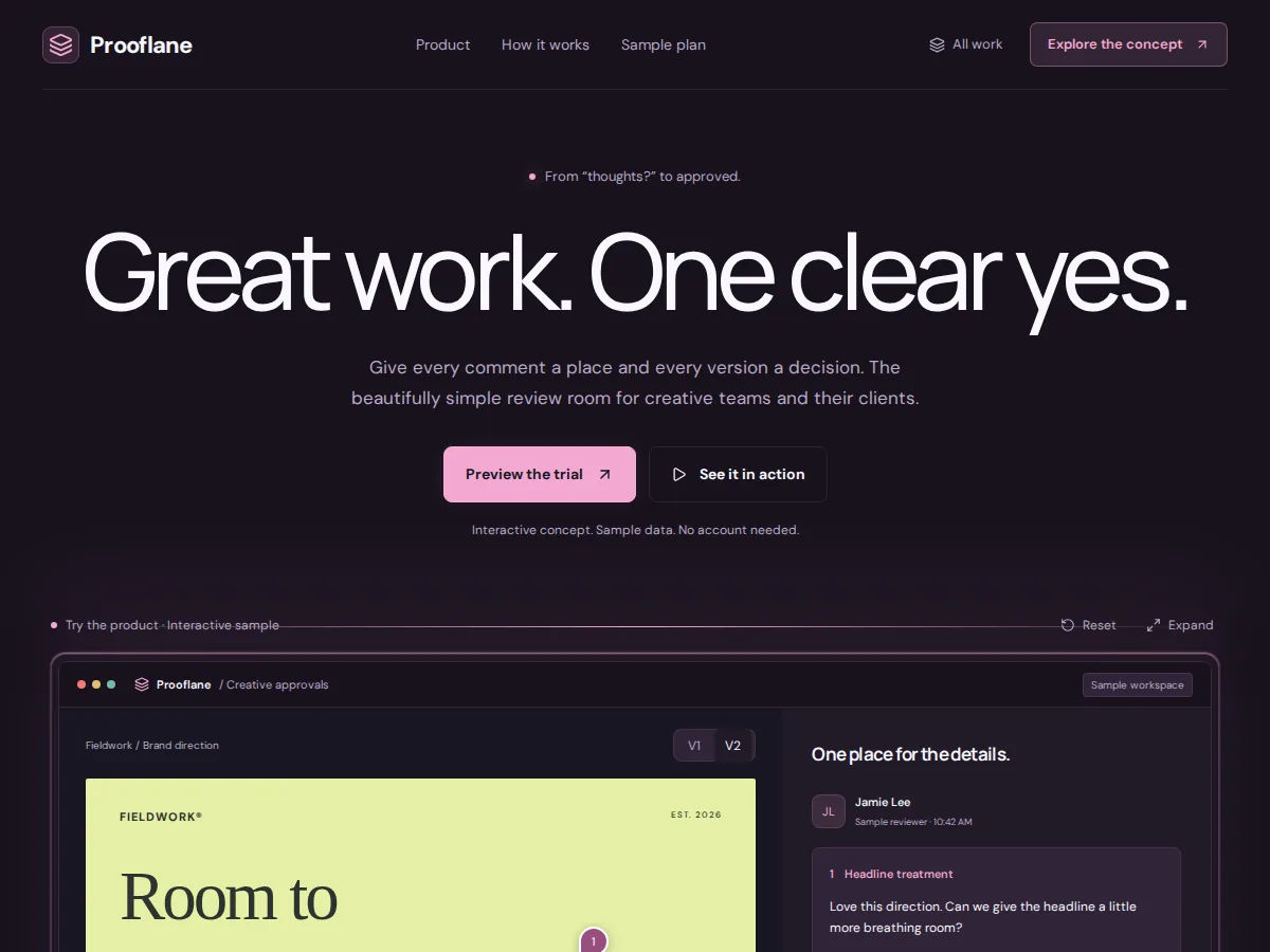 Preview of Prooflane — creative approvals in context