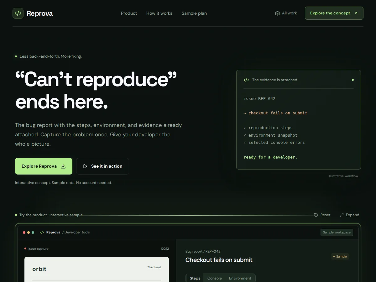 Preview of Reprova — bug reports that tell the story