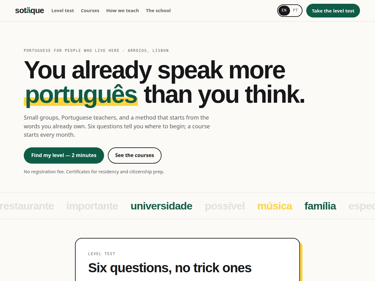 Preview of Sotaque — Portuguese school with a two-minute level test