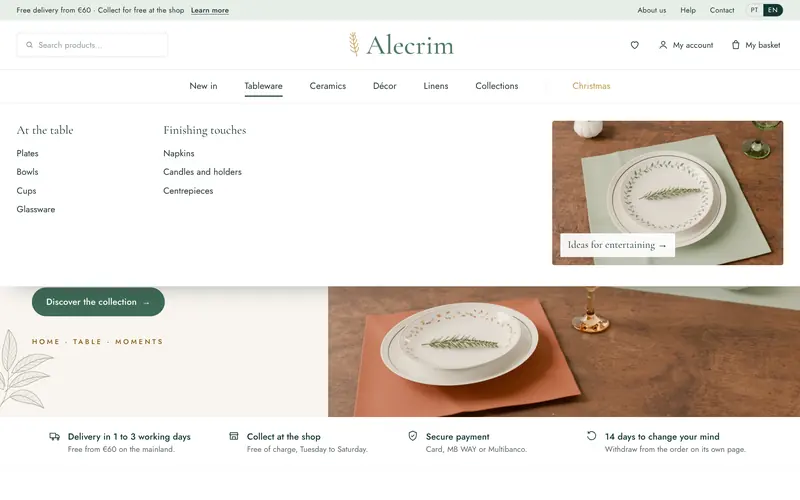 Mega menu: columns by kind of piece and a featured picture.