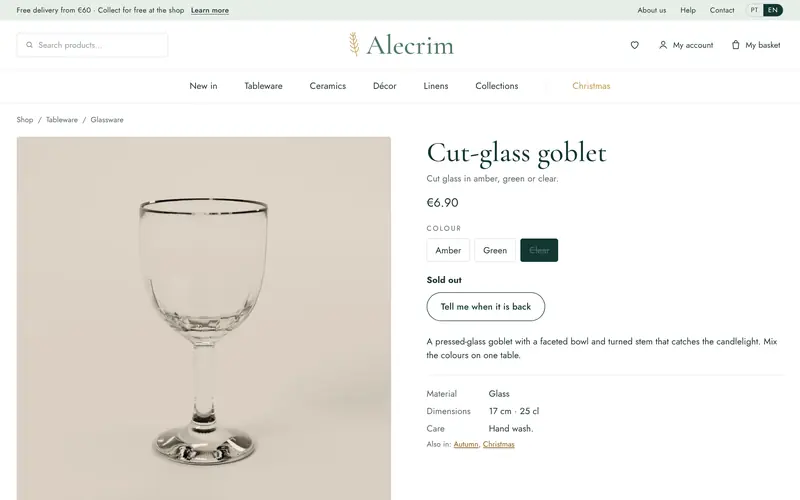 The piece’s page: colours, one sold out with an alert, details.