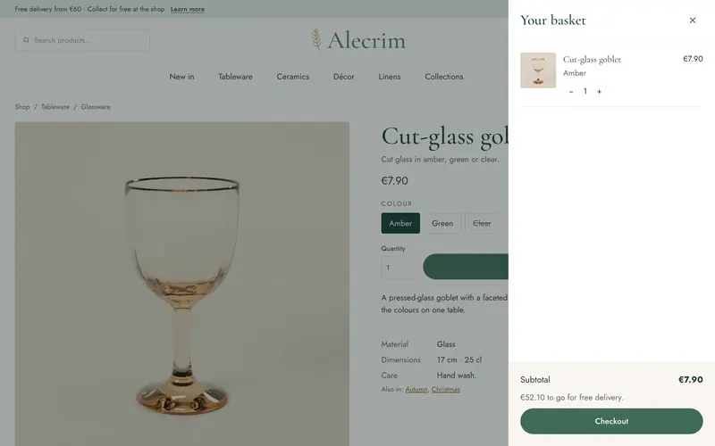 The basket: quantities, subtotal and free delivery in view.