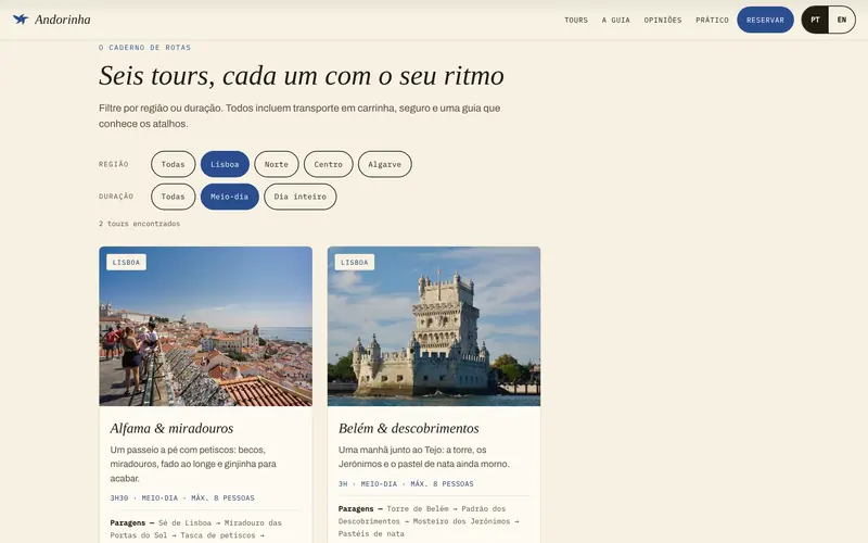 Filtros: Lisboa e meio-dia deixam só as rotas certas.