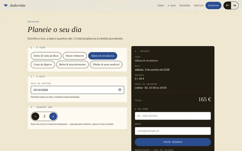 Reserva: tour, data e pessoas, com o total ao lado.