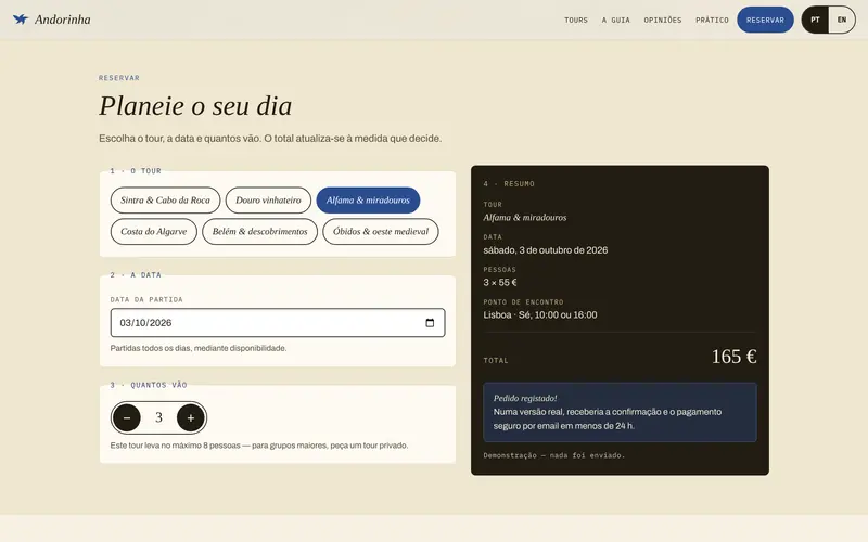 O pedido registado, com o resumo e o ponto de encontro.