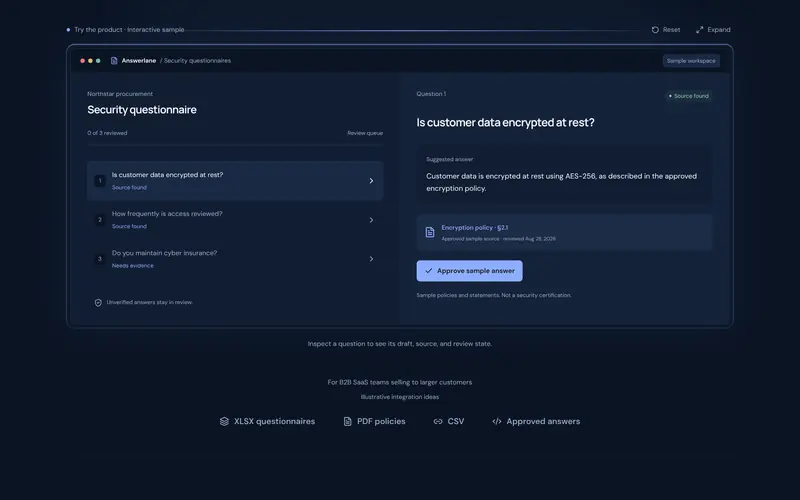 A amostra interativa: perguntas, resposta sugerida e a fonte.