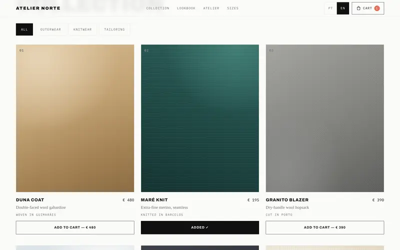Each garment with fabric, origin and price; the button confirms.