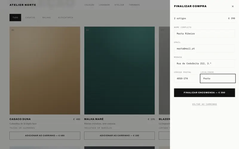 O checkout: os dados de entrega e o total a pagar.