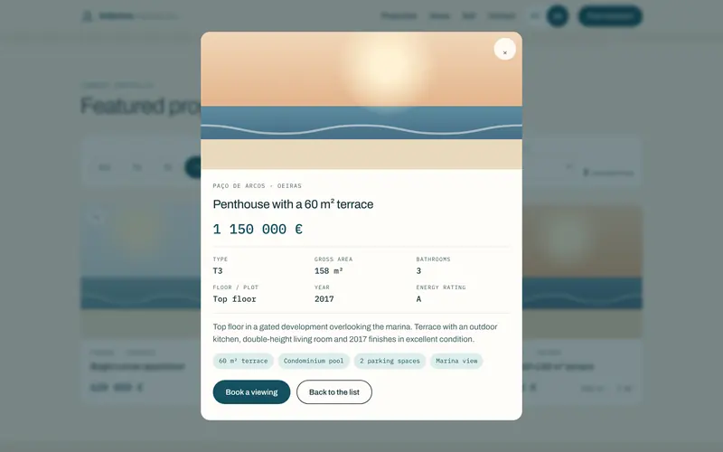 The listing: type, area, year, energy rating and features.