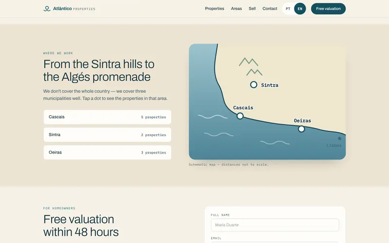 The areas: a map of the coast that filters the portfolio.