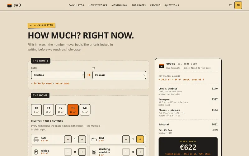 The calculator: route, home size and contents, with the receipt alongside.