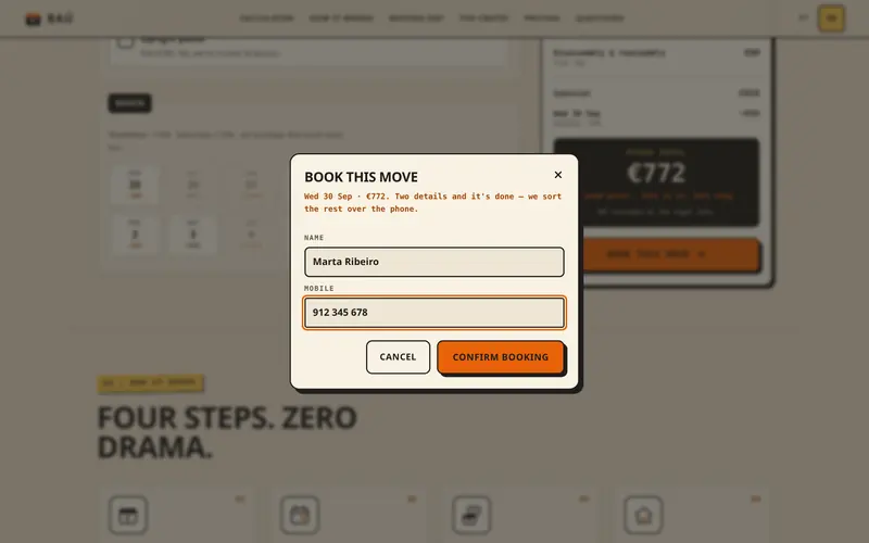 Booking: the day and the total, with two details to fill in.