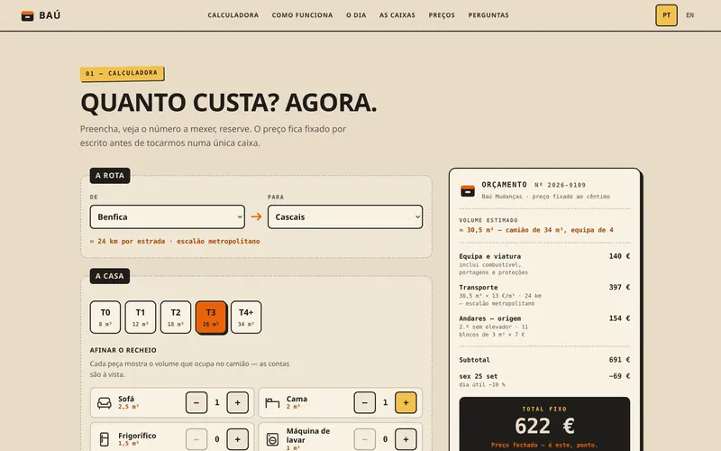 A calculadora: rota, tipologia e recheio, com o recibo ao lado.