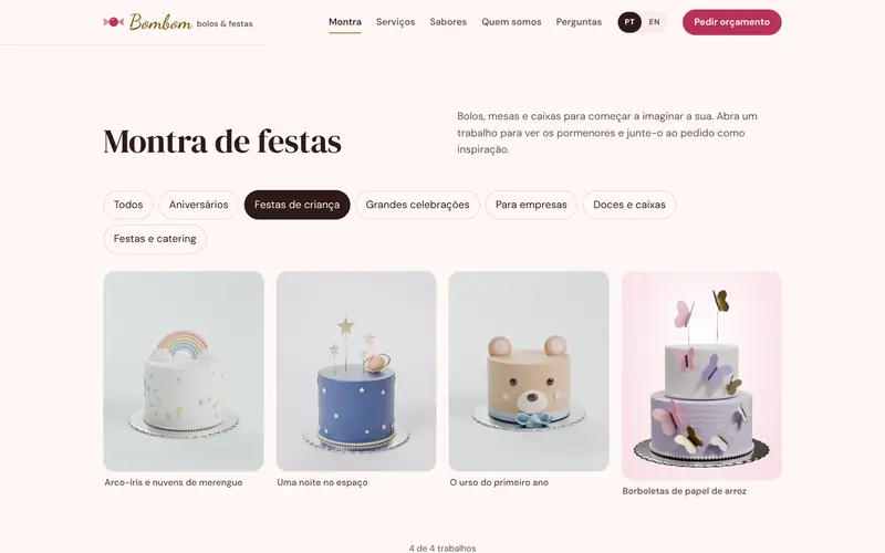 A montra de festas, com filtros por ocasião.