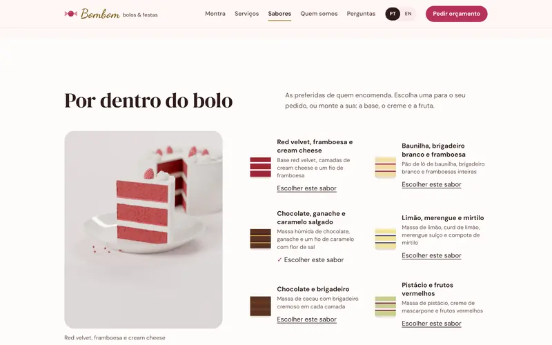 Os sabores em corte: as combinações da casa, camada a camada.