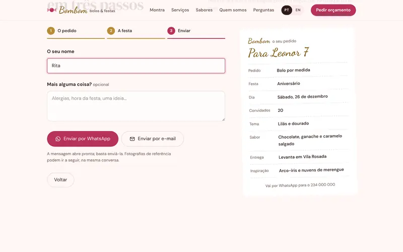 O último passo: o nome, e o pedido segue por WhatsApp ou e-mail.