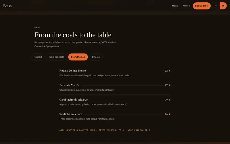 The menu, tabbed by section, with aligned prices.