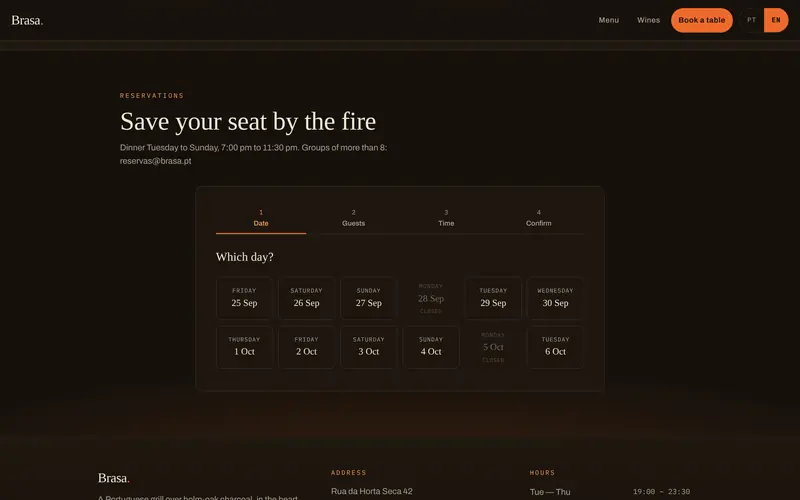 Booking: first the day (closed days can’t be picked).