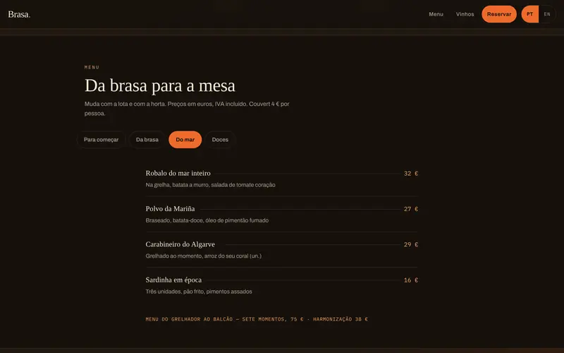 O menu, com separadores por secção e preços alinhados.