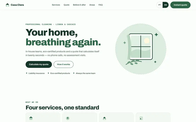 Home: the company, its guarantees and the quote in view.